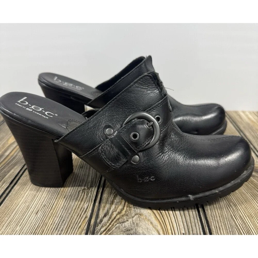 Womens Born Concept Heeled Clog Shoe Open Back Black Leather US 10